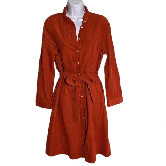 J. Crew burnt orange corduroy button down waist tie ruffle neck dress, size 18 - Picture 6 of 11
